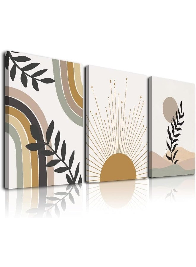 Minimalist Boho Wall Art, Boho Wall Decor, Framed Canvas Wall Art Sun Moon Palm Leaf Mountain Rainbow Beige Artwork Prints, Neutral Geometric Mid-Century Modern Posters for Living Room, Bedroom