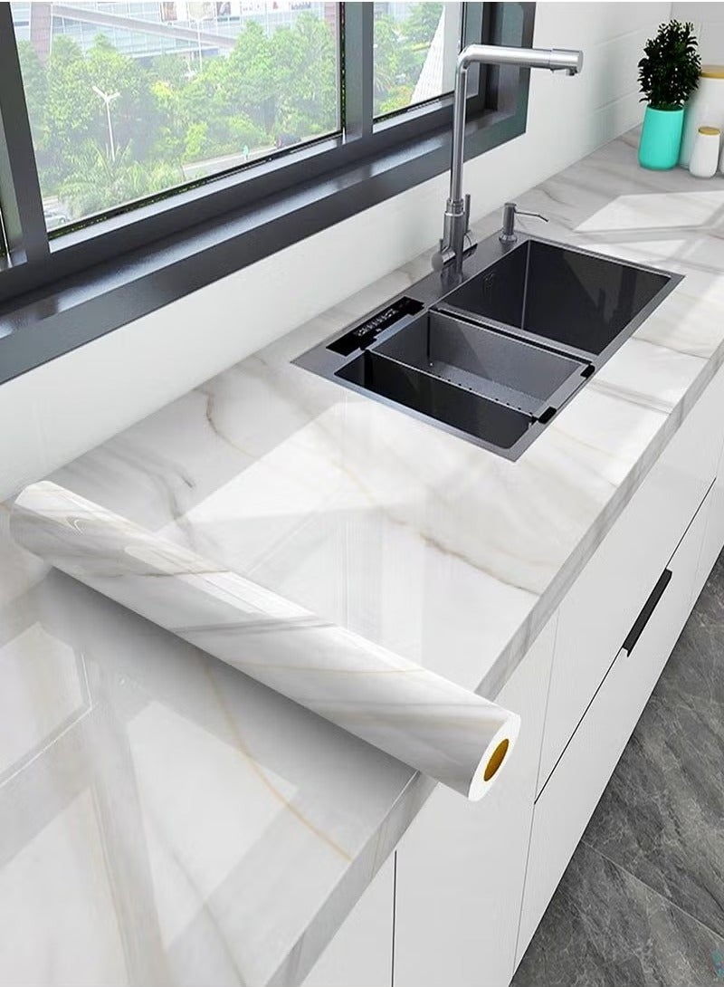 ملصقات ورق حائط مطبخ رخامي لامع مقاس 45 سم × 500 سم، ملصقات مطبخ ذاتية اللصق من رقائق الألومنيوم للمطبخ، ملصقات موقد مطبخ مقاومة للماء والزيت - Image 1