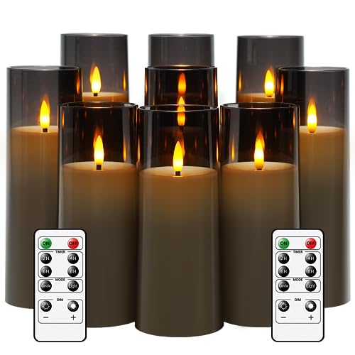 kakoya Flickering Flameless Candles Battery Operated with Remote and 2/4/6/8 H Timer Plexiglass Led Pillar Candles Pack of 9 (D2.3 xH5.5 6.5" 7.5") with Realistic 3D Wick Candles for Home Decor(Grey) - Image 1
