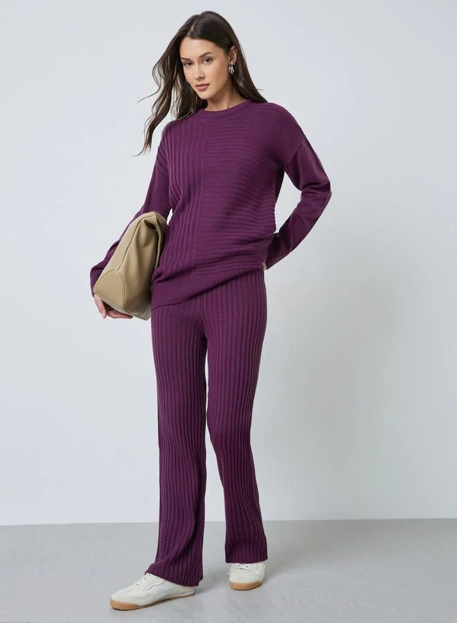 Purple Ribbed Knit Sweater and Pants Set