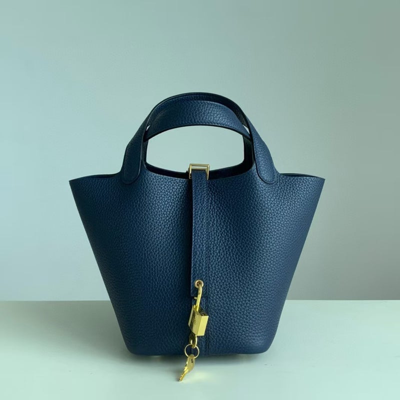 18cm Wax Line Hand Sewed TC Top Layer Cowhide Vegetable Basket Bag Bucket Bag Genuine Leather Womens Bag Handbag Royal blue 