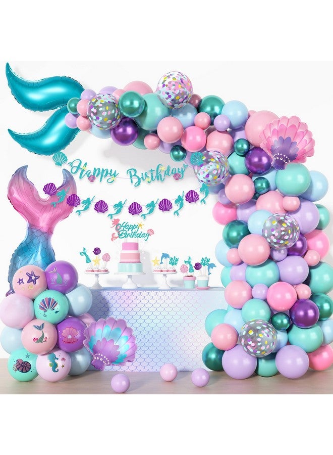 Amandir 138Pcs Mermaid Birthday Party Decorations, Pink Purple Blue Mermaid Balloon Garland Arch Kit Birthday Banner Cake Topper Tail Shell Balloons Party Supplies for Girl Kids - Image 1