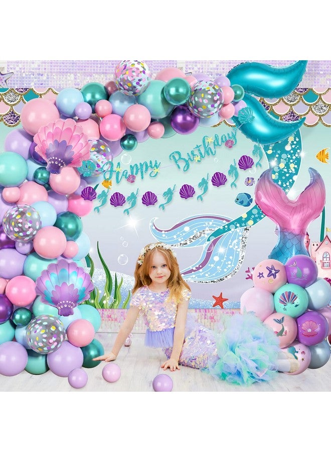 Amandir 138Pcs Mermaid Birthday Party Decorations, Pink Purple Blue Mermaid Balloon Garland Arch Kit Birthday Banner Cake Topper Tail Shell Balloons Party Supplies for Girl Kids - Image 5