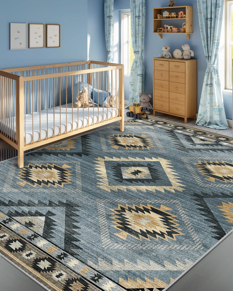 BESTSWEETIE Area Rug 5x7 Rug Machine Washable Rug Non-Slip Low Pile Print Pattern Western Rug for Living Room Bedroom Entryway Tribal Series -Navy/Grey - Image 2