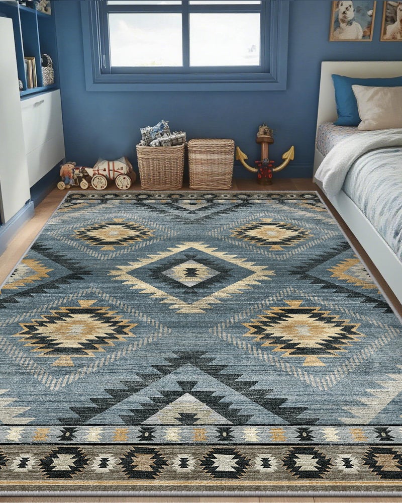 BESTSWEETIE Area Rug 5x7 Rug Machine Washable Rug Non-Slip Low Pile Print Pattern Western Rug for Living Room Bedroom Entryway Tribal Series -Navy/Grey - Image 3