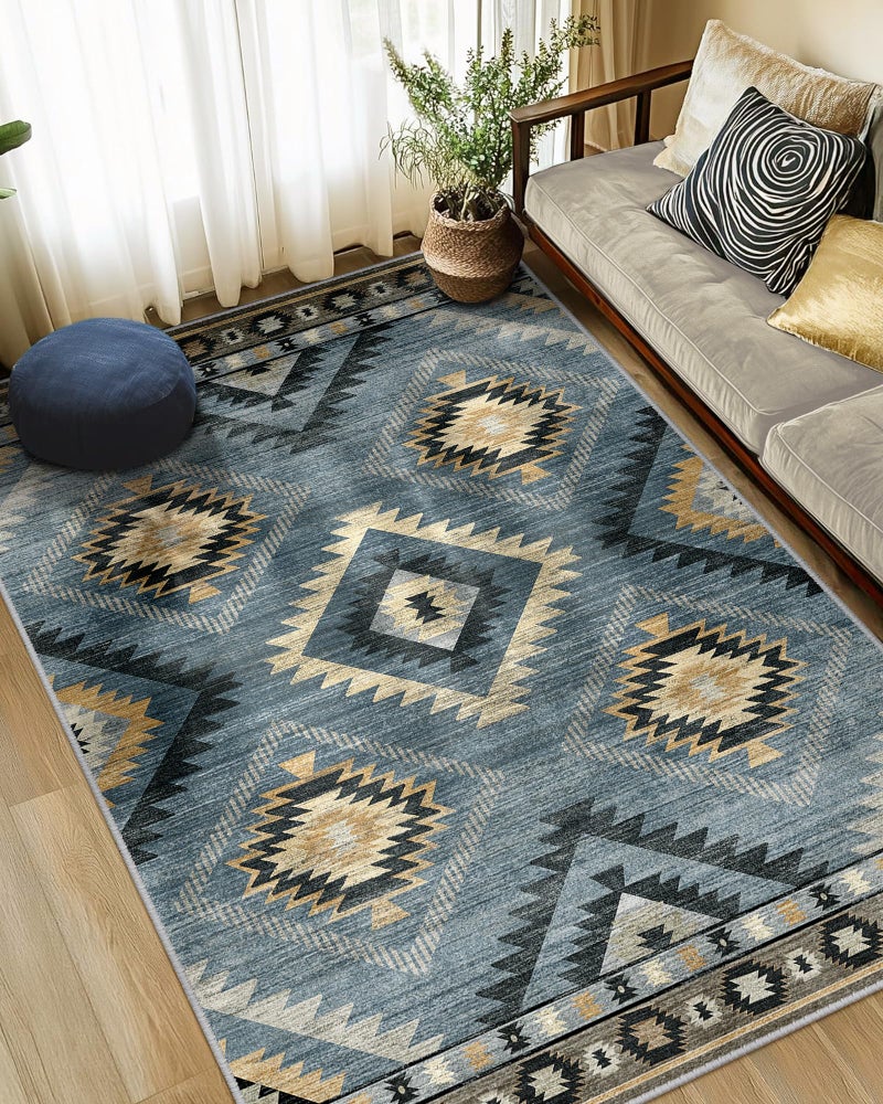 BESTSWEETIE Area Rug 5x7 Rug Machine Washable Rug Non-Slip Low Pile Print Pattern Western Rug for Living Room Bedroom Entryway Tribal Series -Navy/Grey - Image 1