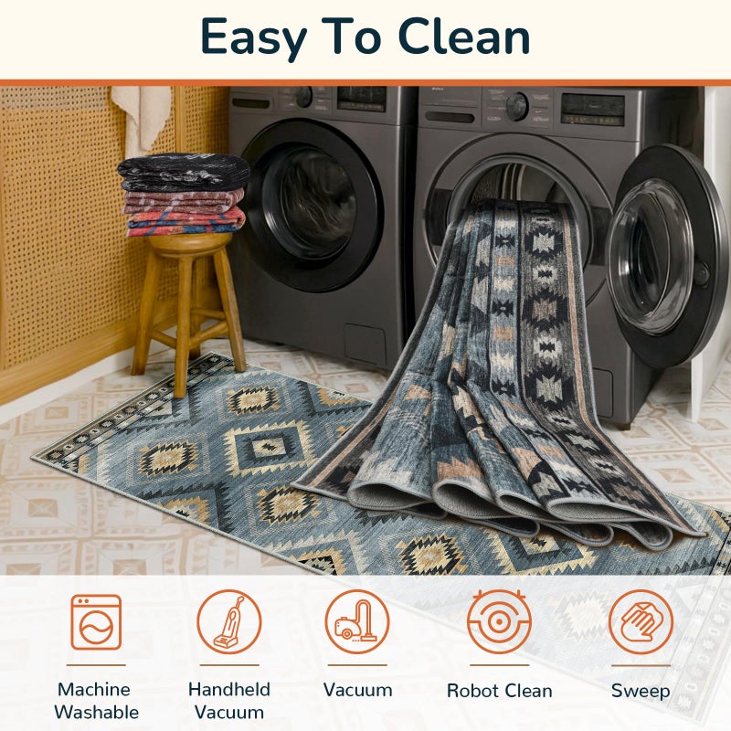 BESTSWEETIE Area Rug 5x7 Rug Machine Washable Rug Non-Slip Low Pile Print Pattern Western Rug for Living Room Bedroom Entryway Tribal Series -Navy/Grey - Image 4