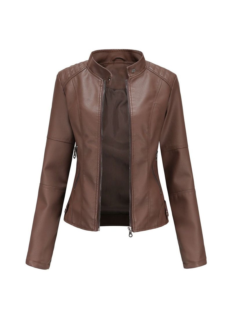 Women's Leather Suit Slim Fitting Jacket Thin Motorcycle Suit Stand Collar Leather Jacket Brown - pzsku/ZFF64728C2C0E12F8CC37Z/45/_/1691724742/bd9fe04d-68e1-40bc-a733-5f92cb546d8a