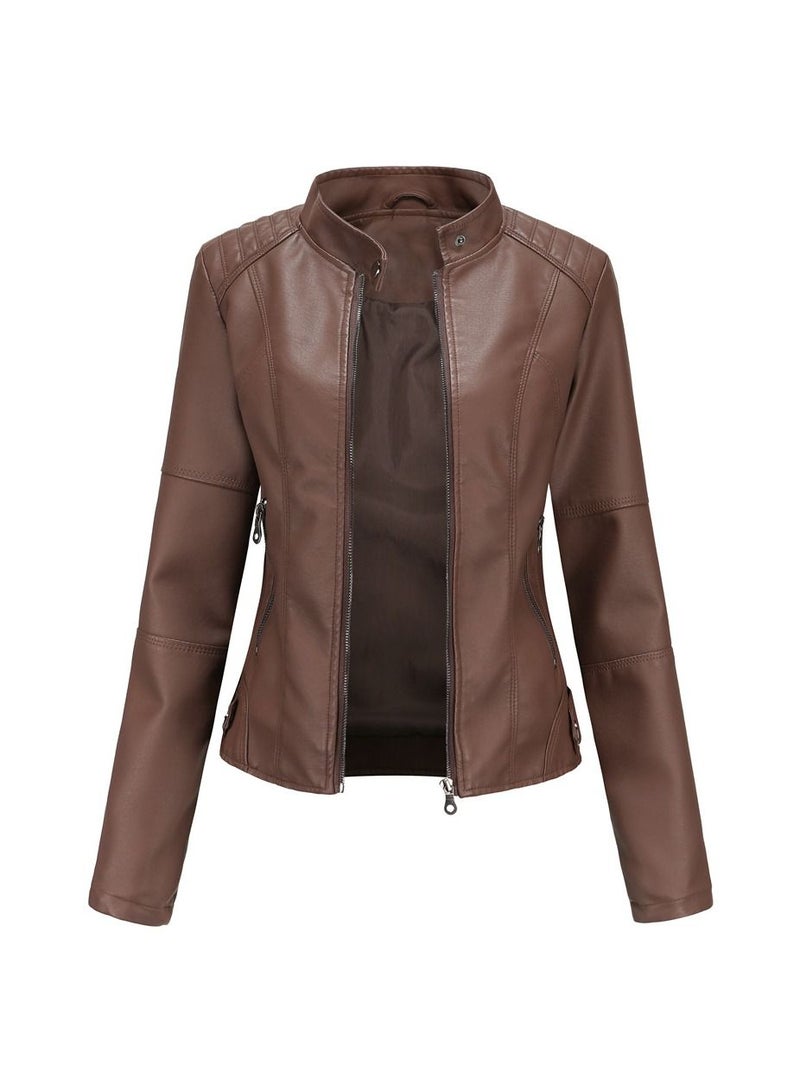 Loquat Women's Leather Suit Slim Fitting Jacket Thin Motorcycle Suit Stand Collar Leather Jacket Brown  - Image 1