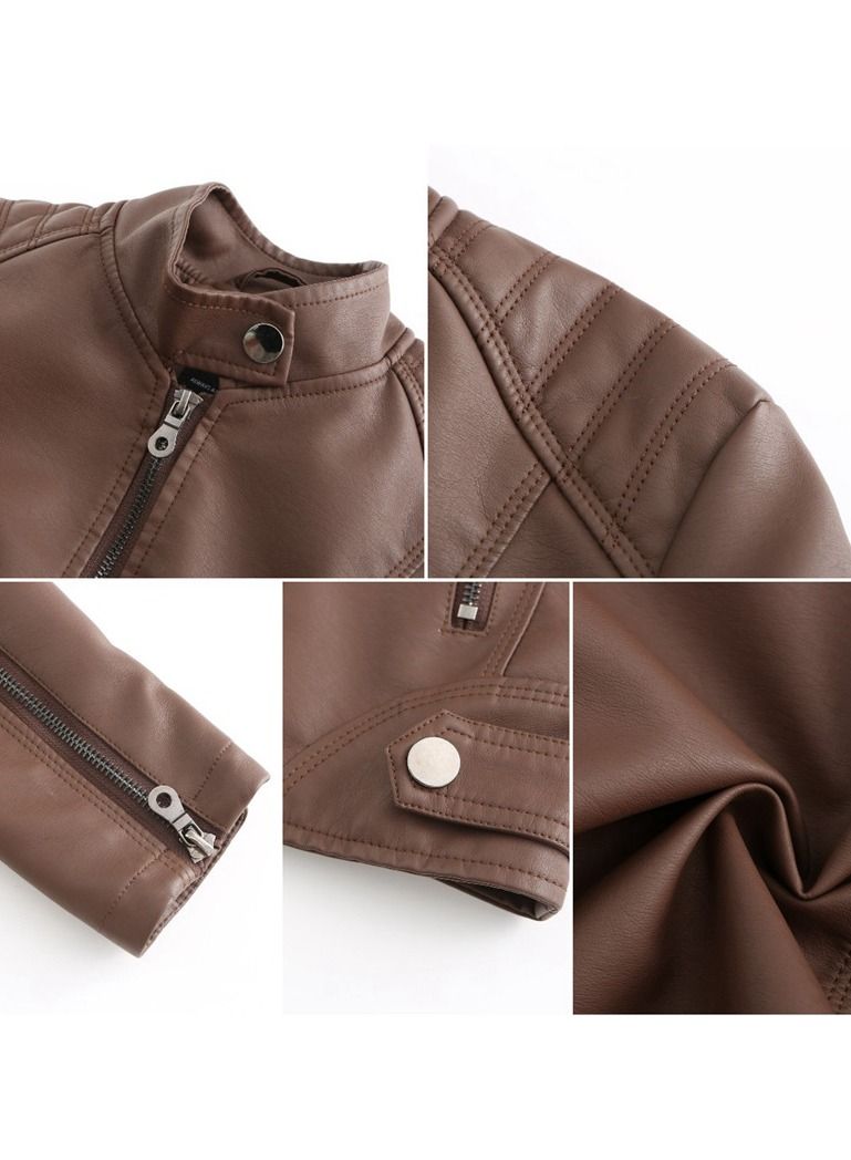 Loquat Women's Leather Suit Slim Fitting Jacket Thin Motorcycle Suit Stand Collar Leather Jacket Brown  - Image 3