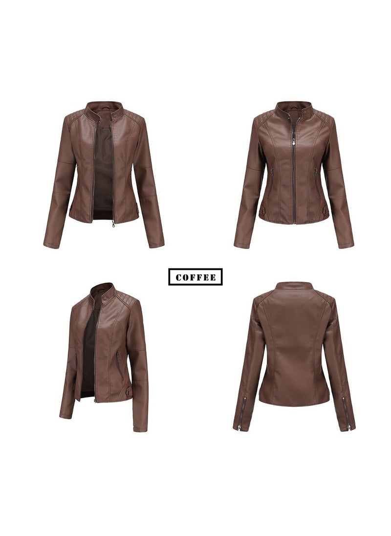 Women's Leather Suit Slim Fitting Jacket Thin Motorcycle Suit Stand Collar Leather Jacket Brown - pzsku/ZFF64728C2C0E12F8CC37Z/45/_/1691724743/ef2a7df5-5dde-4a08-ada6-777cc6840bbc