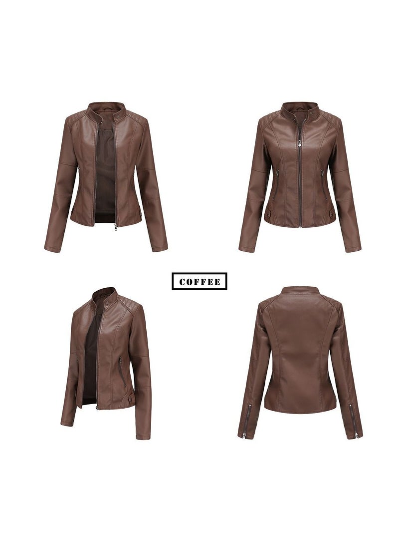 Loquat Women's Leather Suit Slim Fitting Jacket Thin Motorcycle Suit Stand Collar Leather Jacket Brown  - Image 2
