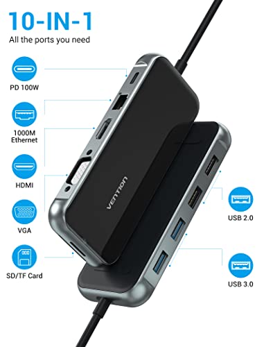 VENTION USB C Docking Station Dual Monitor 10 in 1 USB C Hub Multiport Adapter with 4K HDMI VGA 100W PD 4 USB Ports Gigabit Ethernet SDTF Card Reader for MacBook Pro Air Dell XPS HP - Image 3