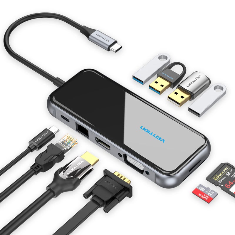VENTION USB C Docking Station Dual Monitor 10 in 1 USB C Hub Multiport Adapter with 4K HDMI VGA 100W PD 4 USB Ports Gigabit Ethernet SDTF Card Reader for MacBook Pro Air Dell XPS HP - Image 2