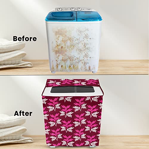 E-Retailer Washing Machine Cover for Semi-Automatic 5kg to 7.5kg | Light Weight Dustproof Cover with Zip Enclosure | Leaf Print Fully Automatic Washer Protector for Indoor Outdoor Use | Size 33x22x37 - Image 5