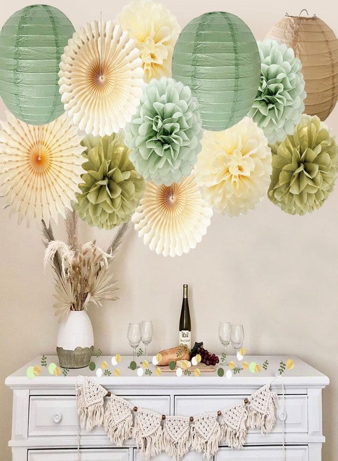 FETETIJD Sage Green Party Decorations Sage Gold Cream Tissue Paper Pom Poms Paper Lanterns Sage Green Confetti Dots Scatter Table Decoration for Baby Shower Birthday Wedding Engagement Party Decorations - Image 5