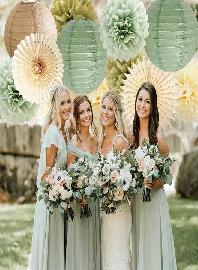 FETETIJD Sage Green Party Decorations Sage Gold Cream Tissue Paper Pom Poms Paper Lanterns Sage Green Confetti Dots Scatter Table Decoration for Baby Shower Birthday Wedding Engagement Party Decorations - Image 3