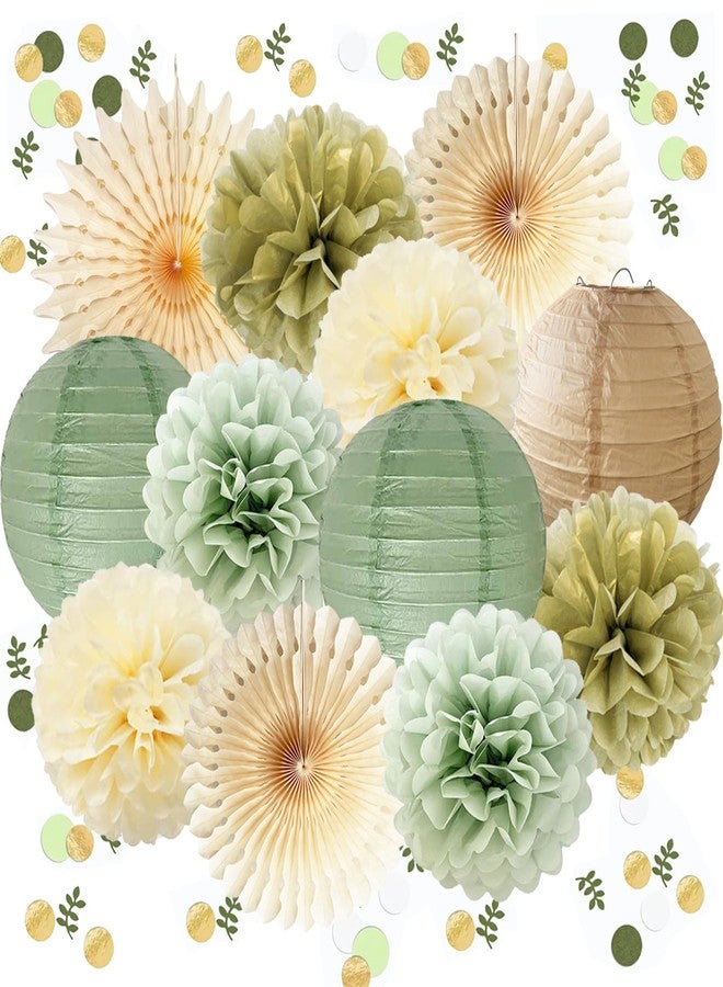 FETETIJD Sage Green Party Decorations Sage Gold Cream Tissue Paper Pom Poms Paper Lanterns Sage Green Confetti Dots Scatter Table Decoration for Baby Shower Birthday Wedding Engagement Party Decorations - Image 1