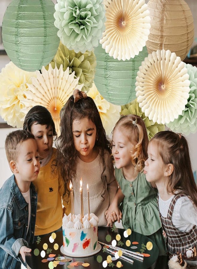 FETETIJD Sage Green Party Decorations Sage Gold Cream Tissue Paper Pom Poms Paper Lanterns Sage Green Confetti Dots Scatter Table Decoration for Baby Shower Birthday Wedding Engagement Party Decorations - Image 2