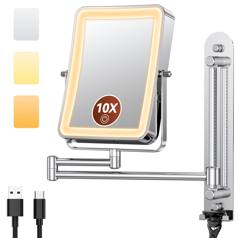 Glowtop مرآة مكياج مضاءة قابلة للتعديل على الحائط من جلو توب مع أضواء، مرآة مكبرة 10X للحمام، سكة انزلاق 7 بوصة وذراع ممتد 360 درجة، مرآة حائط قابلة للشحن مع خطافين للفندق - Image 1