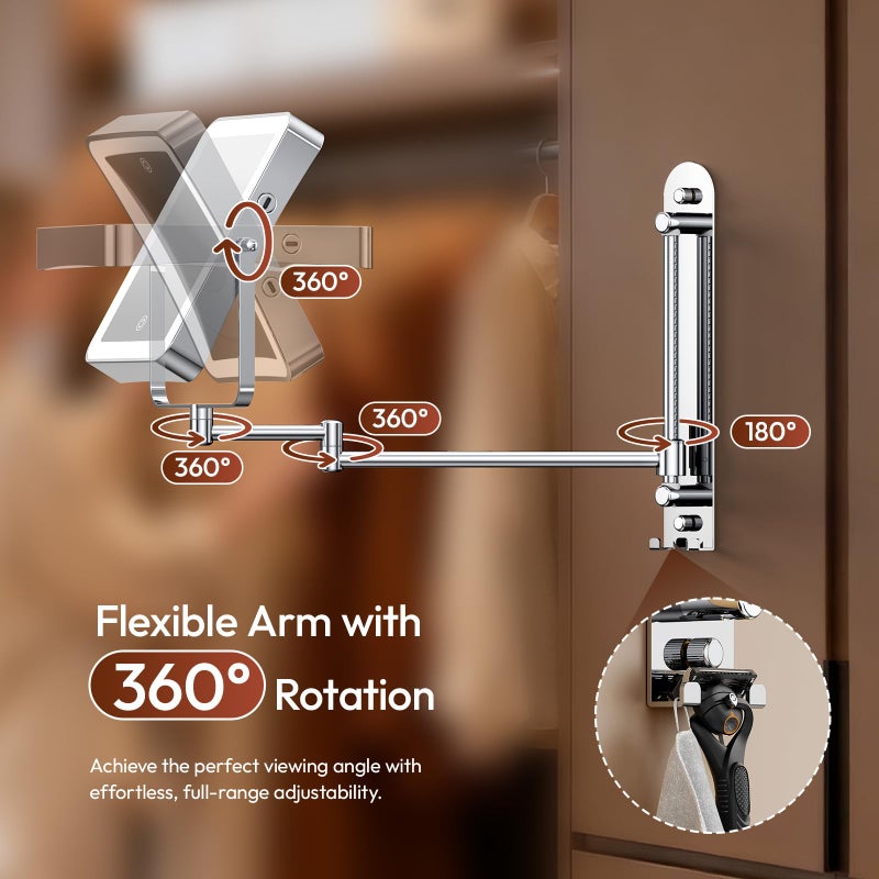Glowtop مرآة مكياج مضاءة قابلة للتعديل على الحائط من جلو توب مع أضواء، مرآة مكبرة 10X للحمام، سكة انزلاق 7 بوصة وذراع ممتد 360 درجة، مرآة حائط قابلة للشحن مع خطافين للفندق - Image 4