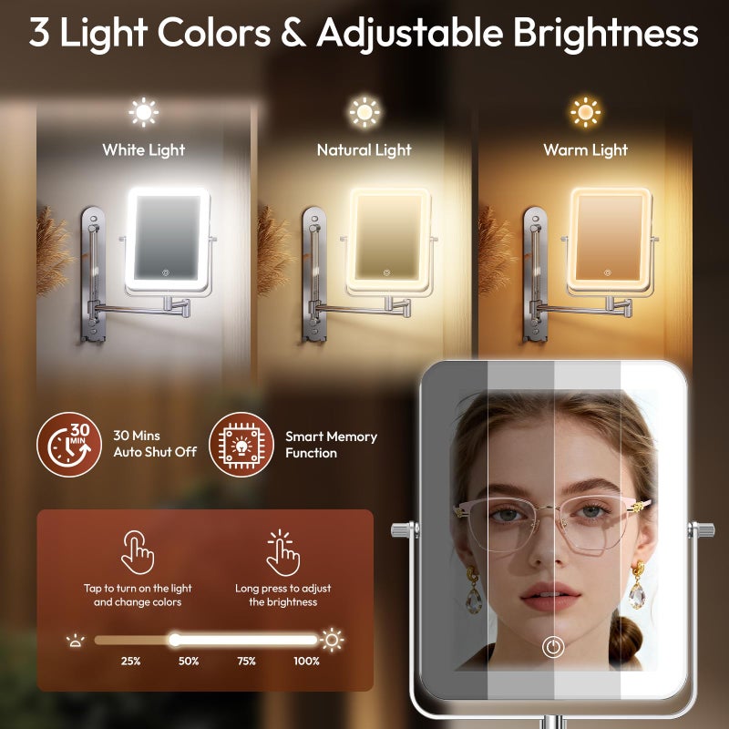 Glowtop مرآة مكياج مضاءة قابلة للتعديل على الحائط من جلو توب مع أضواء، مرآة مكبرة 10X للحمام، سكة انزلاق 7 بوصة وذراع ممتد 360 درجة، مرآة حائط قابلة للشحن مع خطافين للفندق - Image 5