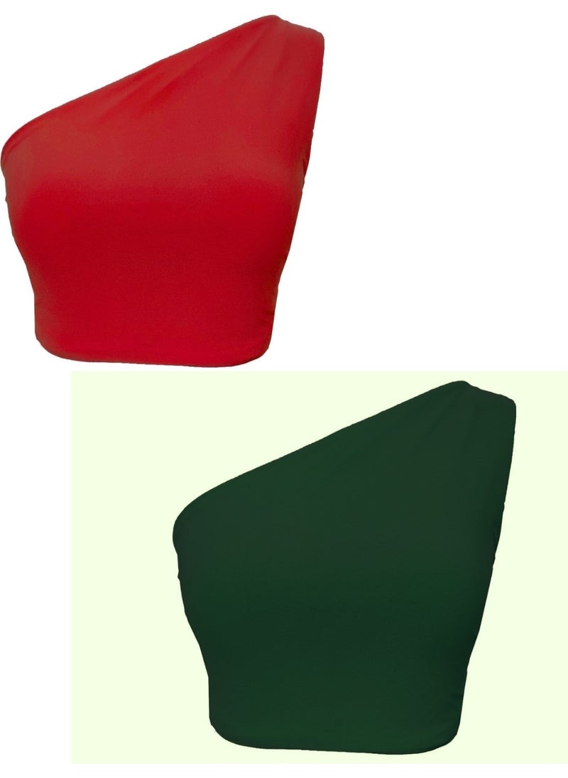 Due Stelle Double Sided Women's One Shoulder Crop Blouse Red - Green  - Image 1