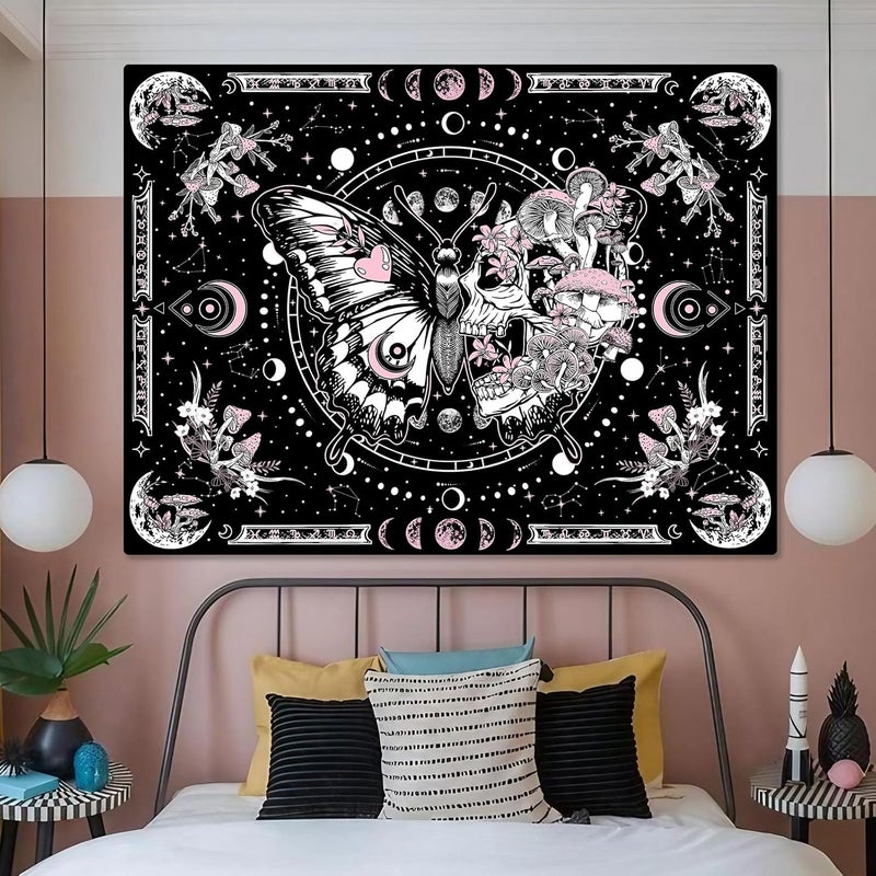 Fungarth Butterfly Moon Flower Tapestry Skull Mushroom Hippie Plant Tapestry for Bedroom Aesthetic Pink Skeleton Botanical Tapestries Wall Hanging for Living Room Dorm (Pink, 90” x 68”) - Image 5