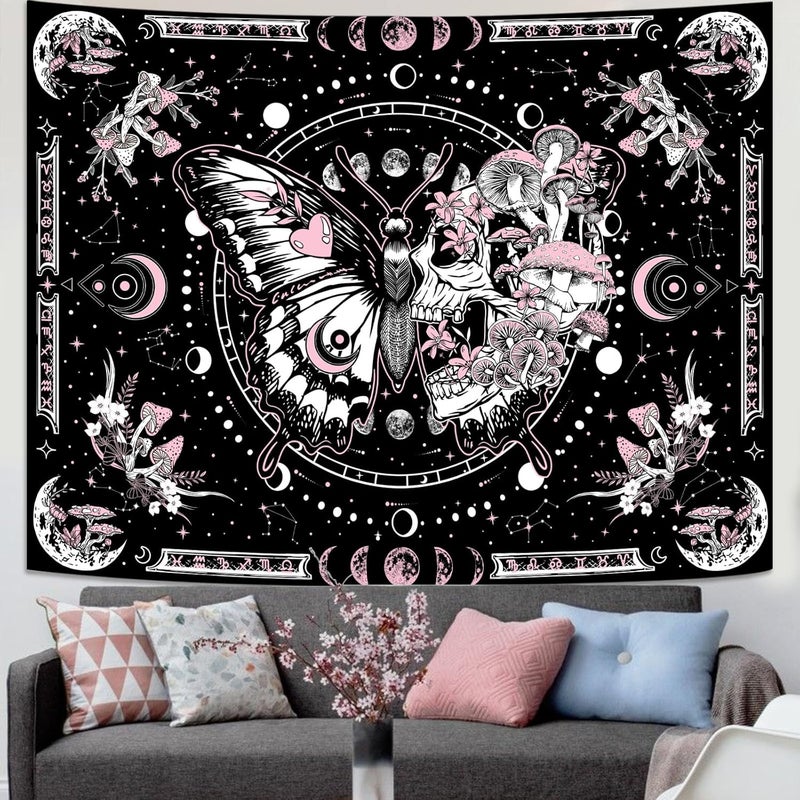 Fungarth Butterfly Moon Flower Tapestry Skull Mushroom Hippie Plant Tapestry for Bedroom Aesthetic Pink Skeleton Botanical Tapestries Wall Hanging for Living Room Dorm (Pink, 90” x 68”) - Image 2