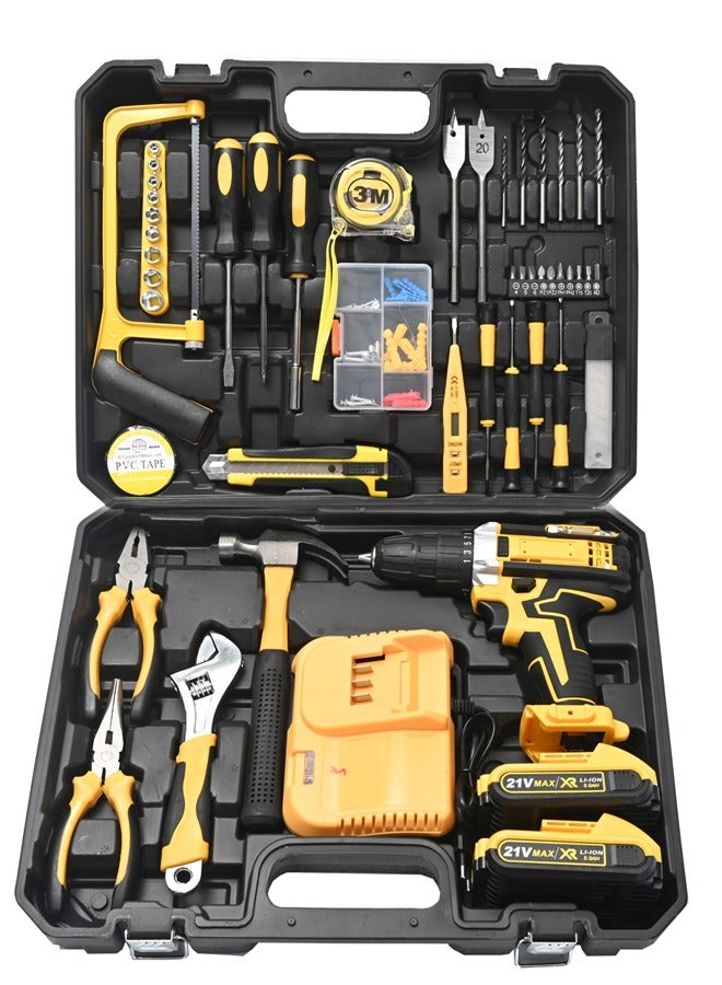 Electric Drill Set - 21Volt With Tools - Cordless Power Drill with 2 Lithium-Ion Batteries, BS Plug Charger, Drill Bits and Hand Tools - For Home Repairs, DIY Projects, Woodworking Maintenance  - Image 1