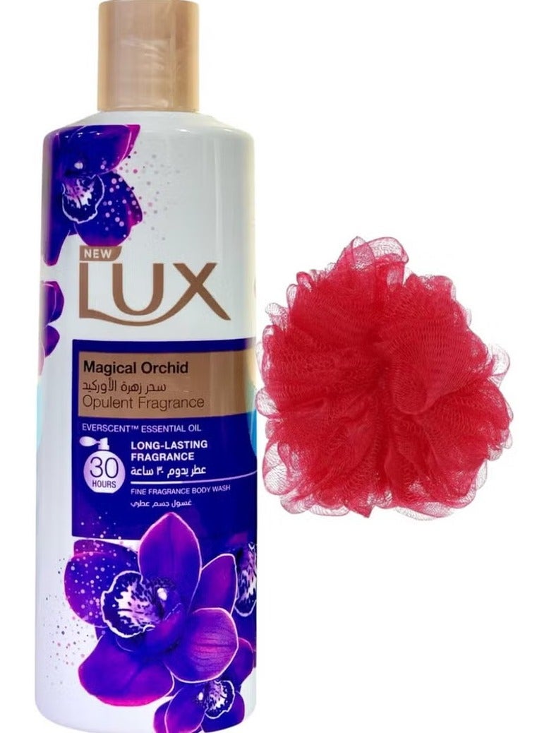لوكس غسول جسم معطر من لوكس برائحة الاوركيد السحرية لمدة 30 ساعة، حجم صغير - 250 مل+لوفه متعدده الالوان