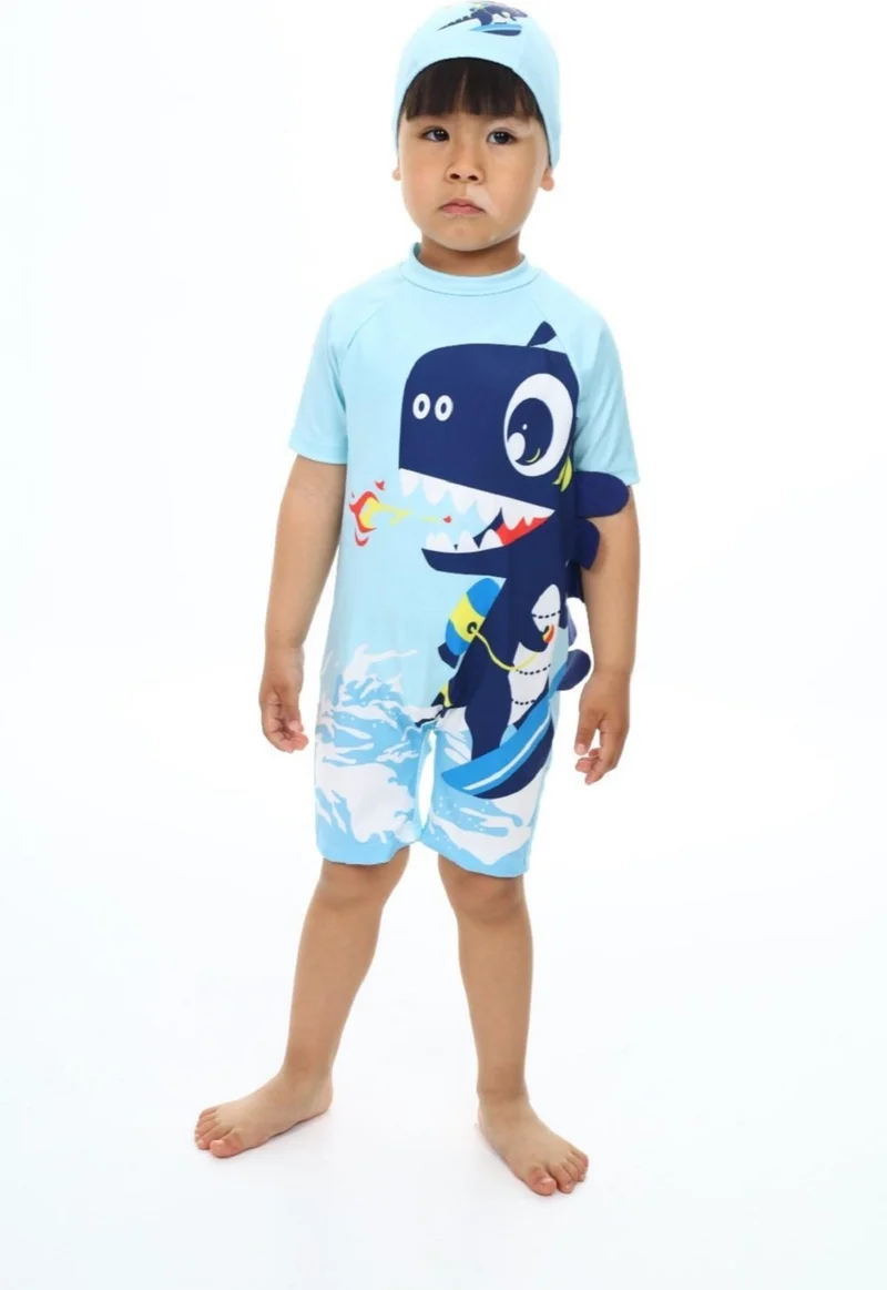 بوديوم جييم Podium Clothing Dinosaur Patterned Kareoka Stitched Long Sleeve UV Protection Zippered Boys Swimsuit with Bonnet