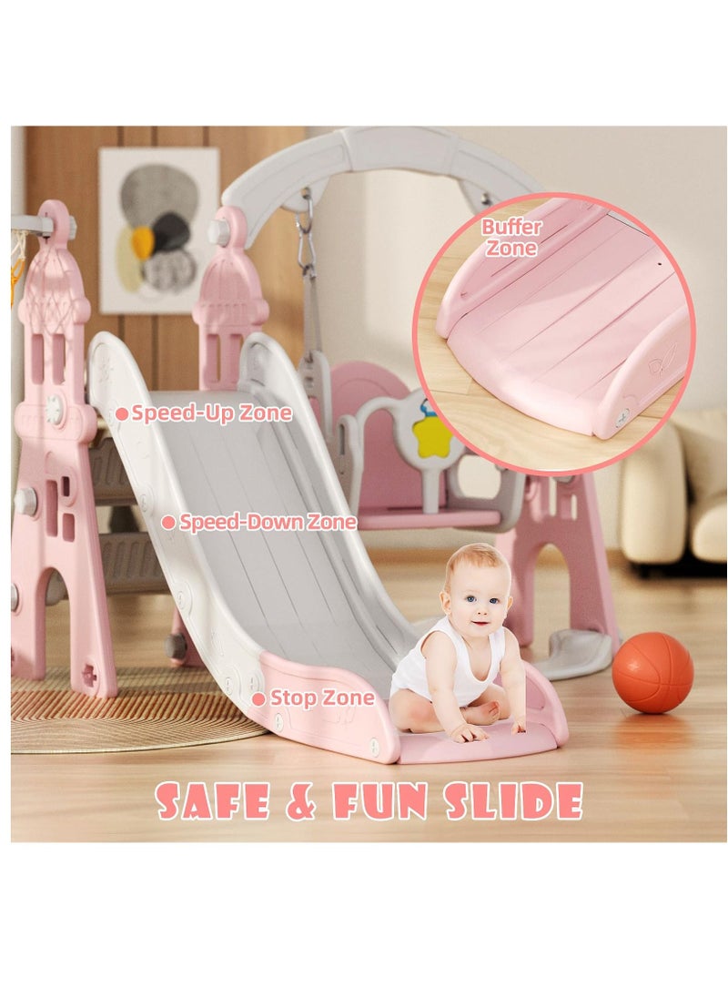 شو وو - مجموعة زحليقة وأرجوحة للأطفال 4 في 1 زحليقة أطفال مع زحليقة أطفال متأرجحة مع إطار كرة سلة وكرة وزحليقة طويلة جدًا للأولاد والبنات في ملعب داخلي وخارجي - Image 1