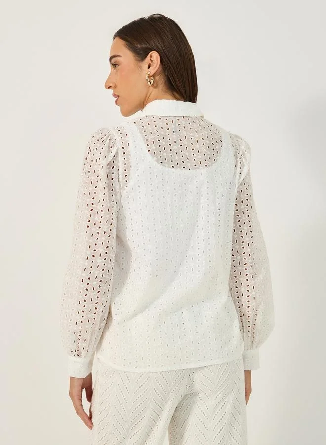 Styli Schiffli Balloon Sleeve Spread Collar Shirt