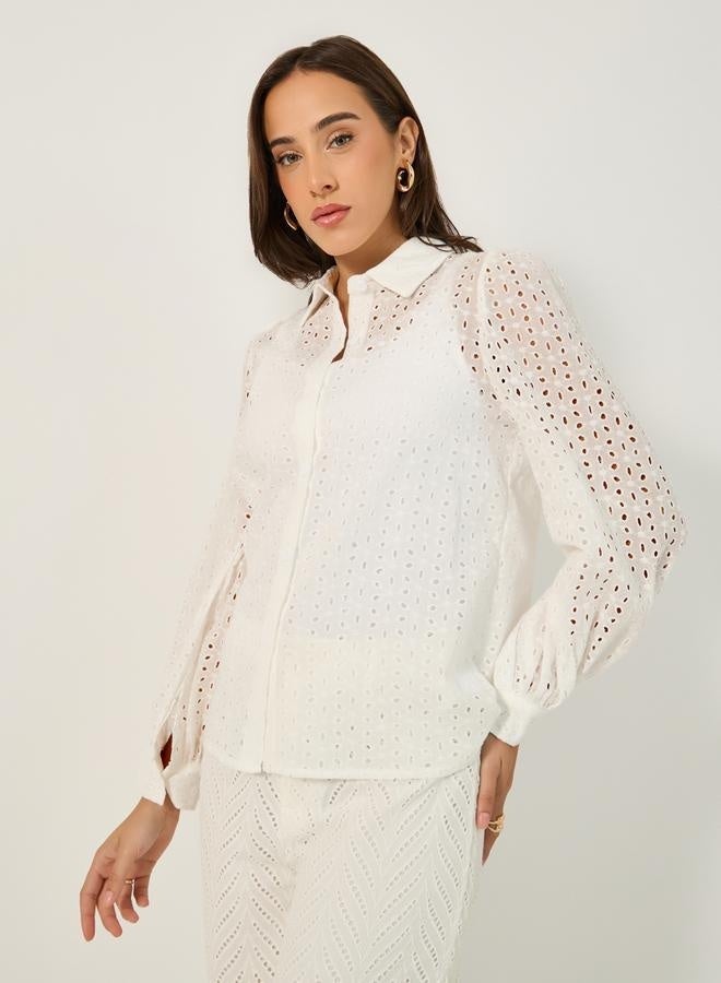 Styli Schiffli Balloon Sleeve Spread Collar Shirt - Image 1