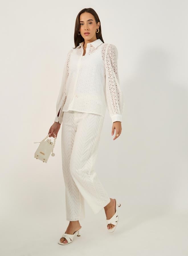 Styli Schiffli Balloon Sleeve Spread Collar Shirt - Image 2