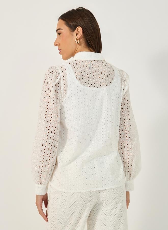 Styli Schiffli Balloon Sleeve Spread Collar Shirt - Image 4