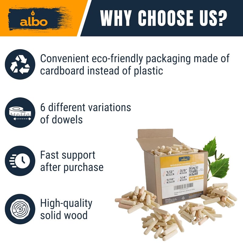ALBO Wooden Dowel Pins 100 Pack Assorted Sizes 1/2 + 3/8 + 5/16 + 1/4 inch Fluted Wood Dowels Rods Hardwood Crafts Dowel Pegs - Image 4