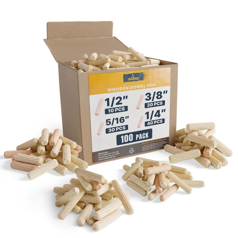 ALBO Wooden Dowel Pins 100 Pack Assorted Sizes 1/2 + 3/8 + 5/16 + 1/4 inch Fluted Wood Dowels Rods Hardwood Crafts Dowel Pegs - Image 1