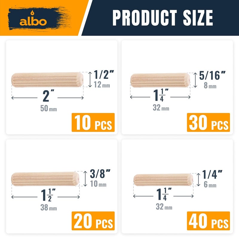 ALBO Wooden Dowel Pins 100 Pack Assorted Sizes 1/2 + 3/8 + 5/16 + 1/4 inch Fluted Wood Dowels Rods Hardwood Crafts Dowel Pegs - Image 3