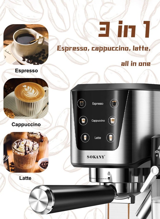 سوكاني ماكينة اسبريسو، ماكينة قهوة اسبريسو أوتوماتيكية 3 في 1، ماكينة قهوة كابتشينو/لاتيه بقدرة 1350 وات/1.0 لتر مع رغوة حليب أوتوماتيكية، ضغط مضخة 20 بار، ماكينة صنع القهوة بشاشة تعمل باللمس للمنزل والمكتب، SK-04027، أسود/فضي - Image 2
