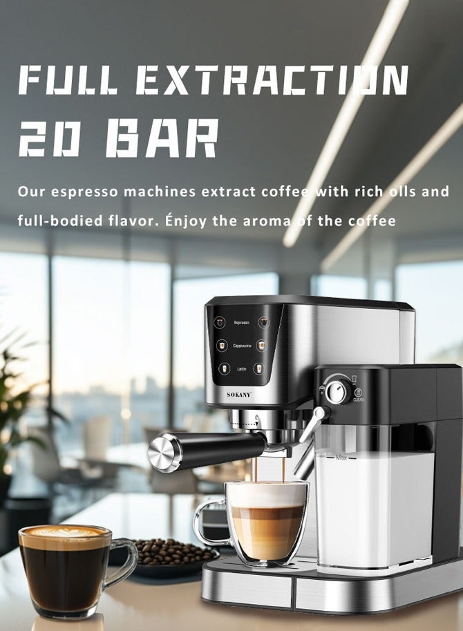 سوكاني ماكينة اسبريسو، ماكينة قهوة اسبريسو أوتوماتيكية 3 في 1، ماكينة قهوة كابتشينو/لاتيه بقدرة 1350 وات/1.0 لتر مع رغوة حليب أوتوماتيكية، ضغط مضخة 20 بار، ماكينة صنع القهوة بشاشة تعمل باللمس للمنزل والمكتب، SK-04027، أسود/فضي - Image 3