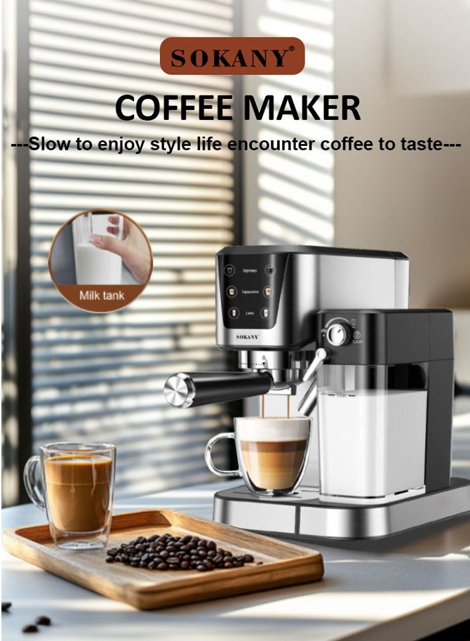 سوكاني ماكينة اسبريسو، ماكينة قهوة اسبريسو أوتوماتيكية 3 في 1، ماكينة قهوة كابتشينو/لاتيه بقدرة 1350 وات/1.0 لتر مع رغوة حليب أوتوماتيكية، ضغط مضخة 20 بار، ماكينة صنع القهوة بشاشة تعمل باللمس للمنزل والمكتب، SK-04027، أسود/فضي - Image 4