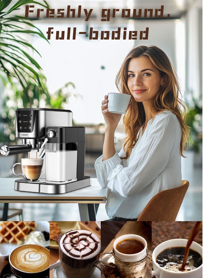 سوكاني ماكينة اسبريسو، ماكينة قهوة اسبريسو أوتوماتيكية 3 في 1، ماكينة قهوة كابتشينو/لاتيه بقدرة 1350 وات/1.0 لتر مع رغوة حليب أوتوماتيكية، ضغط مضخة 20 بار، ماكينة صنع القهوة بشاشة تعمل باللمس للمنزل والمكتب، SK-04027، أسود/فضي - Image 5