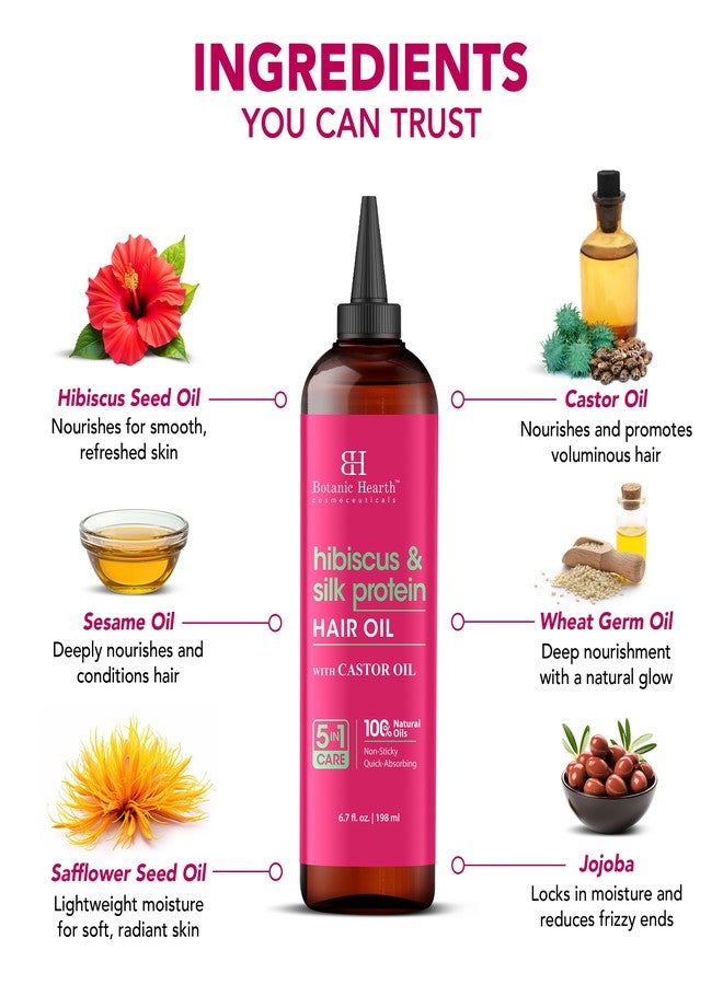 Botanic Hearth Hibiscus & Silk Protein Hair Oil (6.7 fl oz) | Hydrating and Strengthening Hair Treatment for Smooth, Shiny, and Healthy-Looking Hair | Paraben Free | Suitable for All Hair Types - Image 2