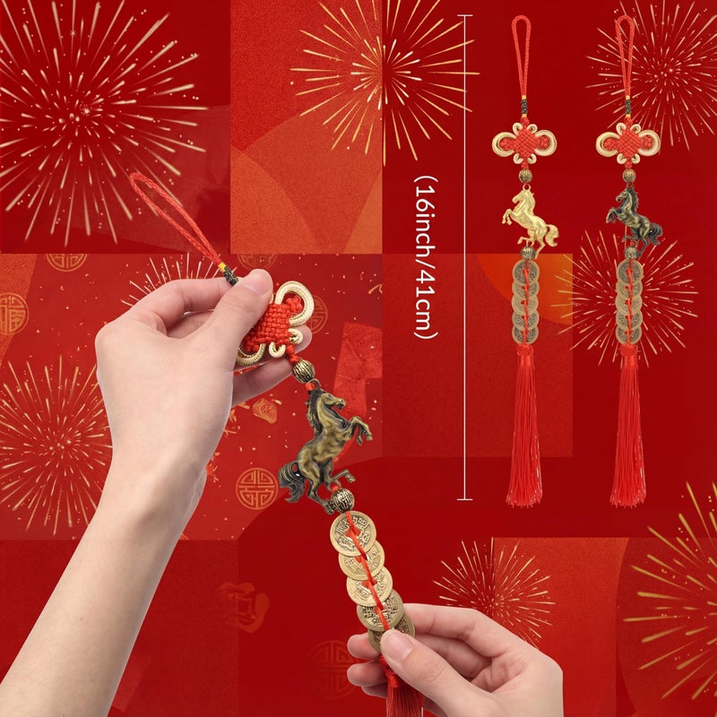 TFTAFAN 2026 Chinese New Year Horse Charms Lucky Horse Charms with Feng Shui Coins Red Hanging Tassels Ornaments Chinese Knot New Year Decorations for Home Wealth Success Good Luck (6) - Image 2