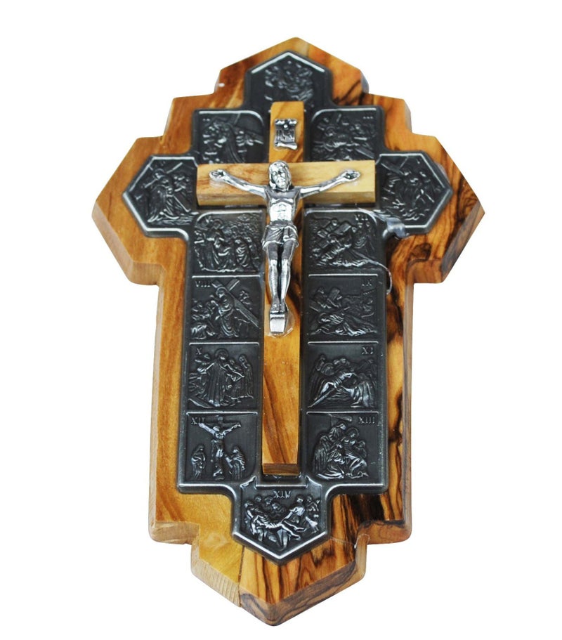 Holy Land Market Olive Wood Crucifix  icon showing 14 Stations of the Cross etched on metal 14x9x1 cm or 55x35x4 inch 