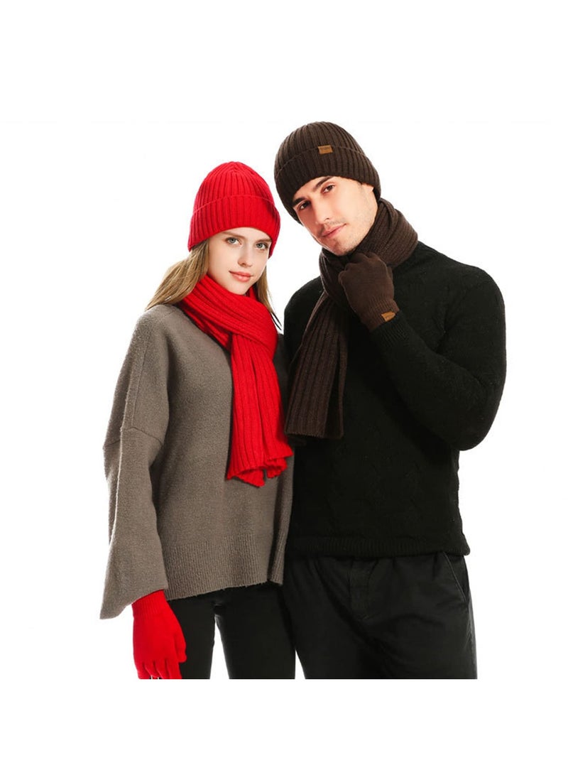 KASTWAVE 3Pcs Winter Beanie Hat Scarf Gloves Set, Set for Men Womens Ski Cap Touch Screen Mittens Suit Couples Matching Hats for Men Women (Light Red) - Image 3