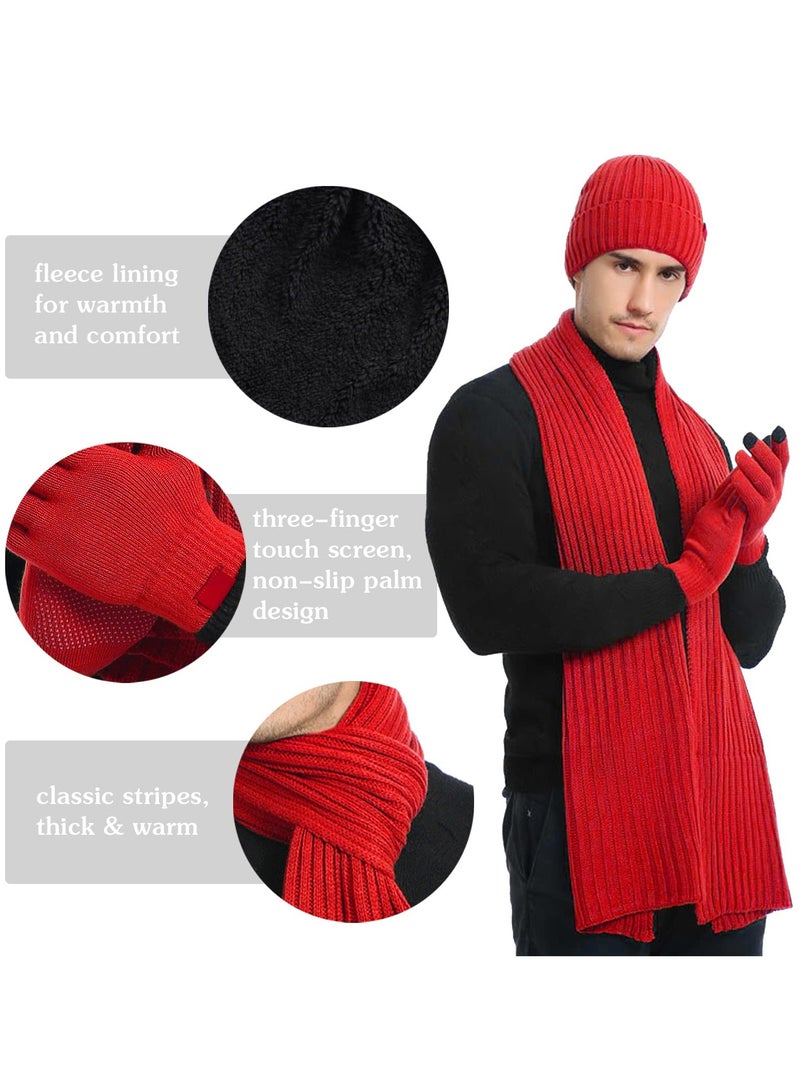 KASTWAVE 3Pcs Winter Beanie Hat Scarf Gloves Set, Set for Men Womens Ski Cap Touch Screen Mittens Suit Couples Matching Hats for Men Women (Light Red) - Image 2