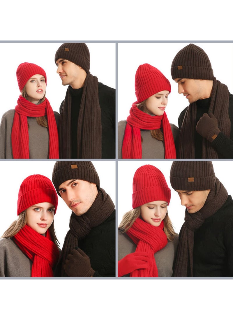KASTWAVE 3Pcs Winter Beanie Hat Scarf Gloves Set, Set for Men Womens Ski Cap Touch Screen Mittens Suit Couples Matching Hats for Men Women (Light Red) - Image 4